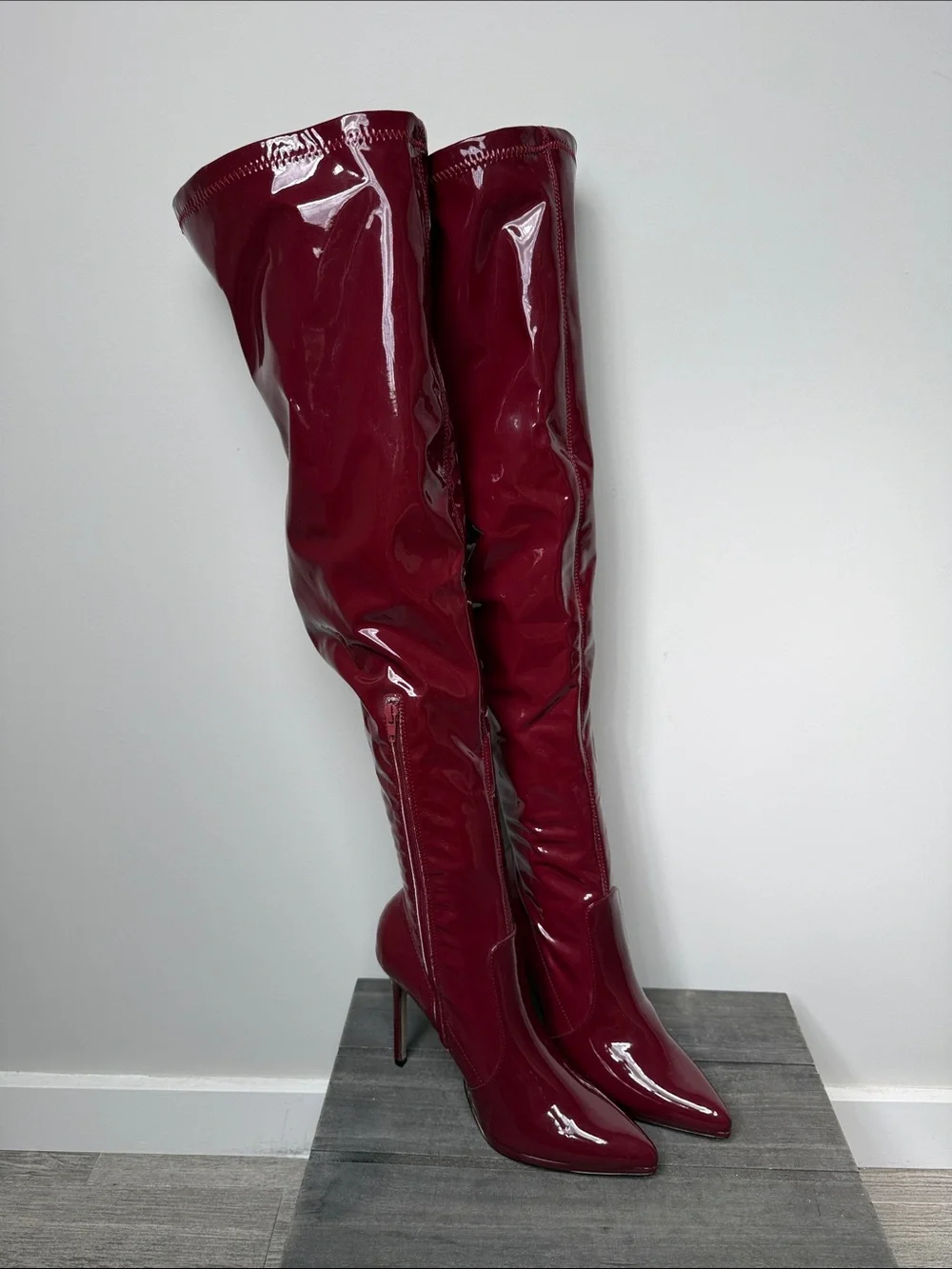 Shoe Dazzle Patent Over-The-Knee Stiletto Boots in Burgundy